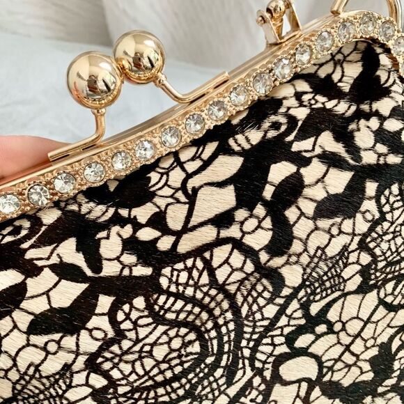 Handmade Real Hair-on-horsehide Black Lace Print Kisslock Bag & Small Purse Set - Picture 14 of 16